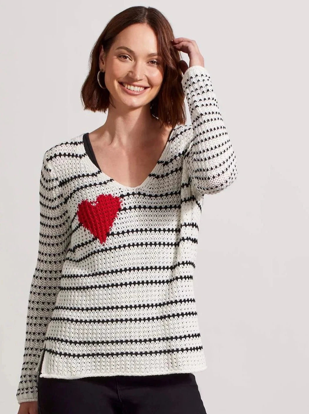 V-Neck Sweater [White Multi-5384O] Cable Knit Ribbed Knit Lace Knit