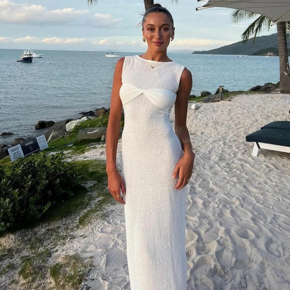 Bonnyshow Summer Sexy Fashion Sleeveless Knitted Twist Round Neck Long Skirt Slim Fit Pullover Dress Elegant Sexy Party Dress Club Outfit Ruffled Neck Pullover