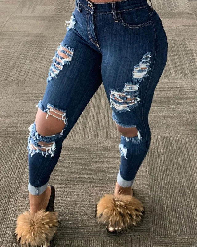 Explosion style ripped denim trousers Trousers fashionable trendy