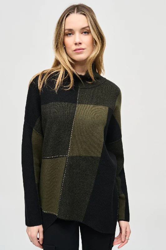 Joseph Ribkoff 243944 Iguana Green Black (4303) Colour-Block Jacquard Knit Pullover One Shoulder Top