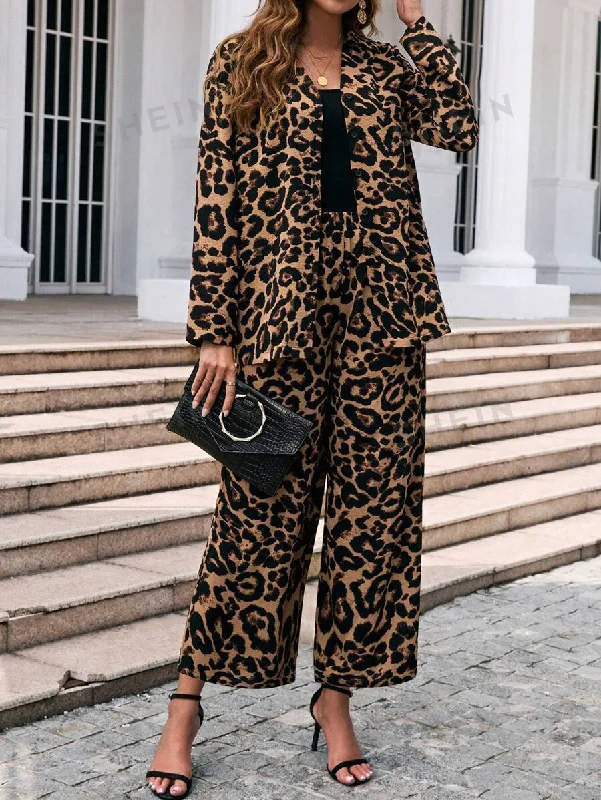 Clasi Women's Leopard Print Coat & Wide Leg Trousers Sets Trousers Cargo pockets