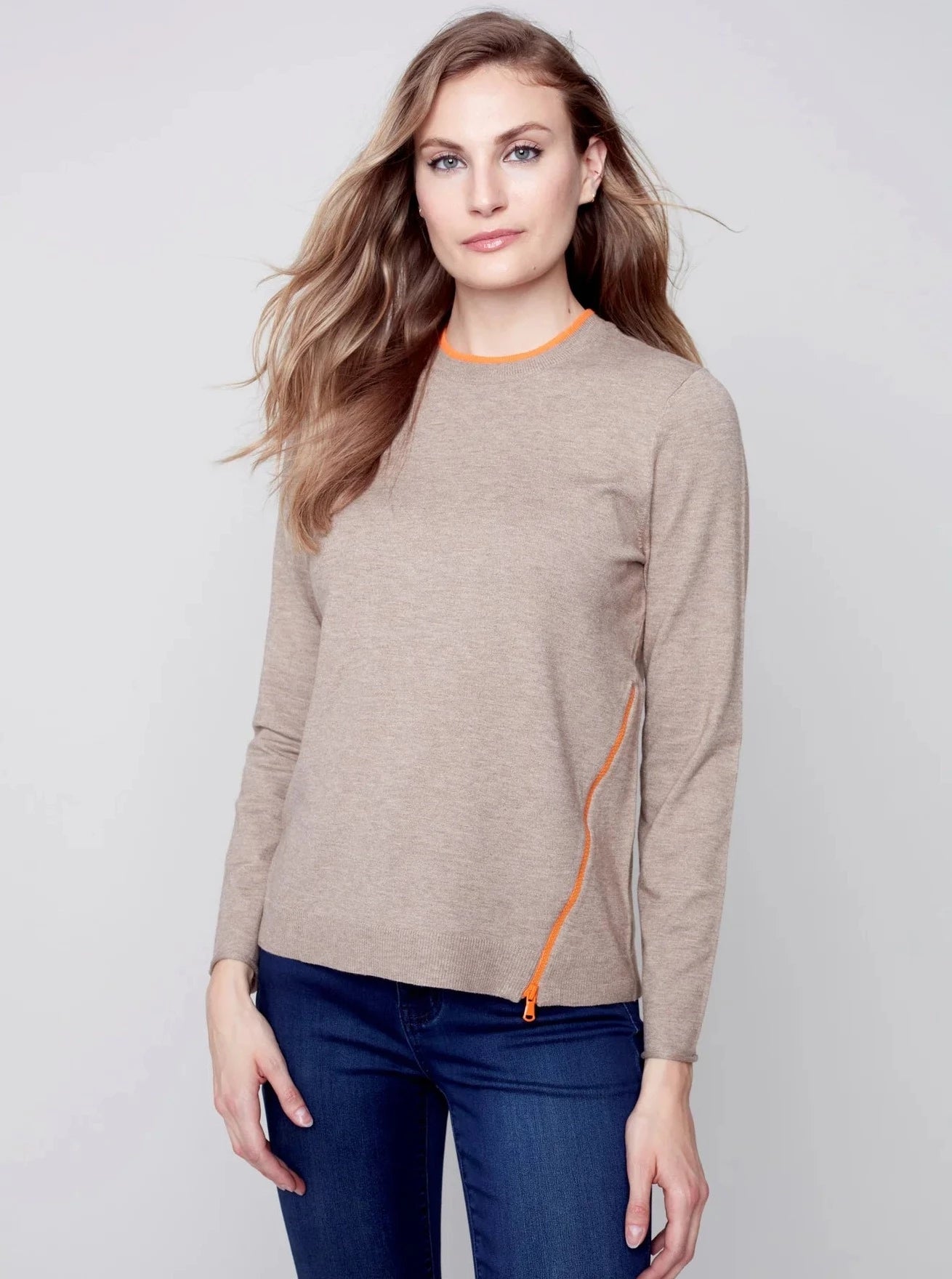Crewneck Sweater With Side Diagonal Zipper Detail [H Truffle-C2571] Rayon Fabric Velvet Fabric Corduroy Fabric