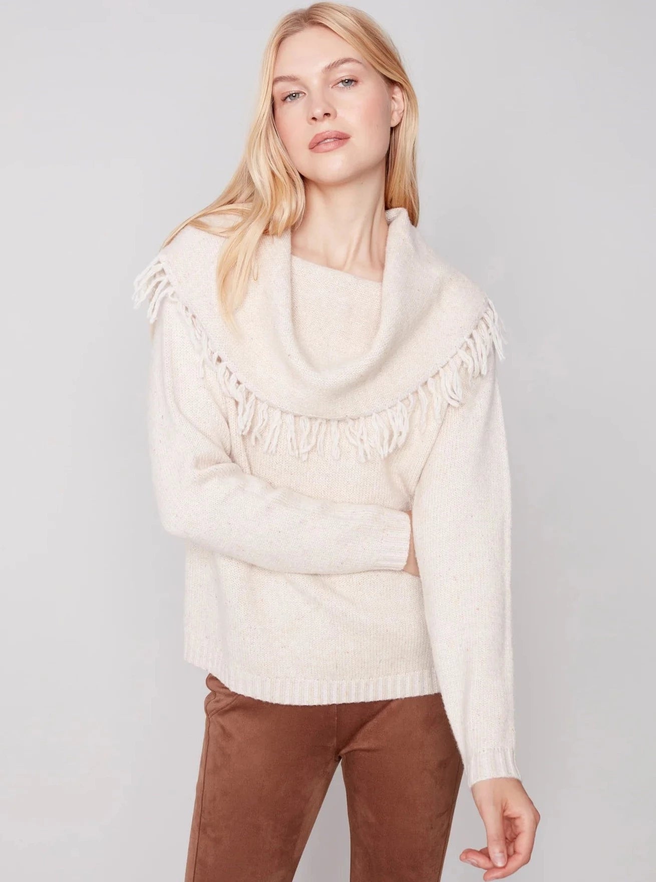 Fringe Cowl Neck Sweater [Ecru-C2584] Cable Knit Ribbed Knit Lace Knit
