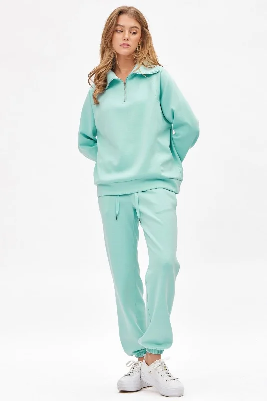 Spring Mint Quarter Zip Pullover and Jogger Set with Pockets Notched Neck Pullover