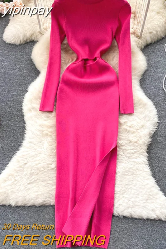 yipinpay Slit Maxi Dress O Neck Knitted Dress Y2k 2023 Autumn Winter Long Sleeve Sweater Dress Hollow Out Bodycon Dresses for Women Embroidered Appliqued Beaded