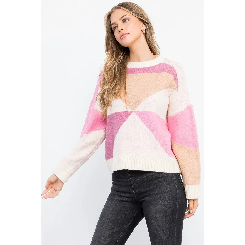 Colorblocked Sweater Notch Collar Peter Pan Collar Cowl Neck