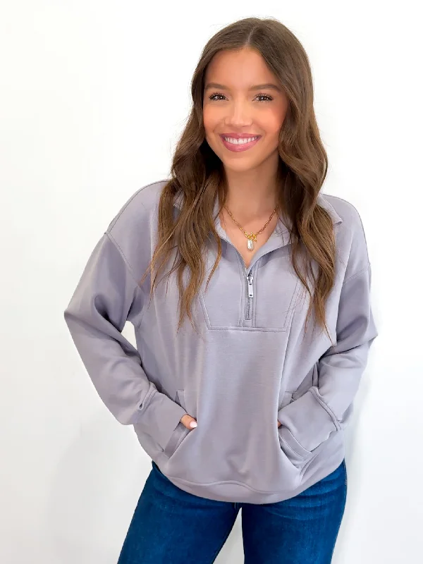 Curvy Her Favorite Pullover - Mystic Grey Gathered Sleeve Pullover