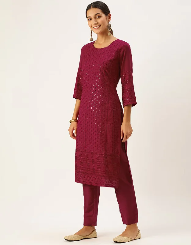 Fashionable Falu Red Chinon Silk Sequinned Kurta With Trousers Straight Design Pant Trousers Yoga Stretchy Fashionable Falu Red Chinon Silk Sequinned Kurta With Trousers Straight Design Pant Trousers Yoga Stretchy