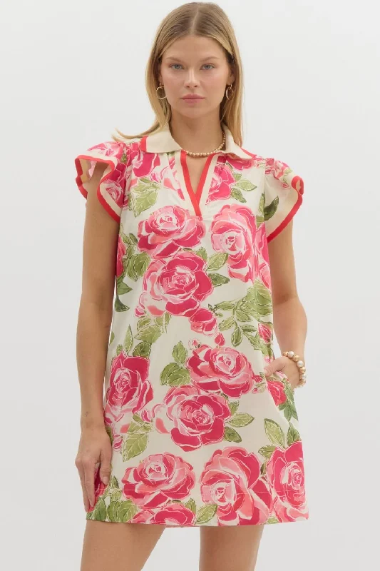 Floral Print Polo Ruffle Flutter Sleeve Pullover Mini Dress Flutter Sleeve Feminine