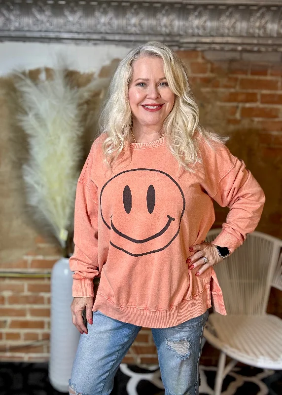 Smile Face Mineral Washed Terry Knit Pullover in Guave Bateau Neck Pullover