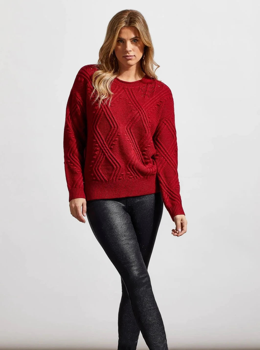 Long Sleeve Crewneck Cable Sweater [Earth Red-1608O] Boxy Sweater Fitted Sweater A-Line