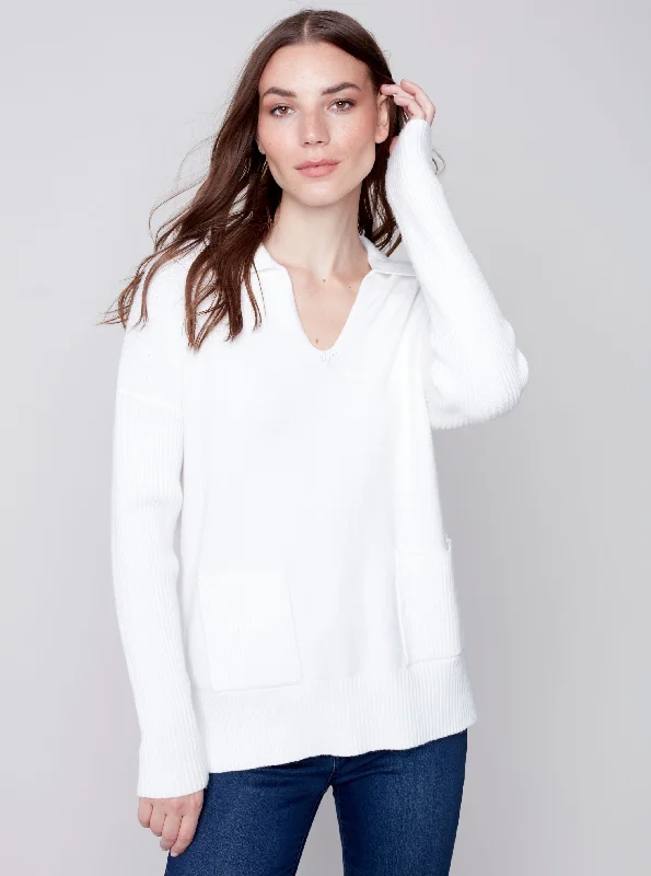 V Neck Long Sleeve Sweater [Cream-C2547] Notch Collar Peter Pan Collar Cowl Neck