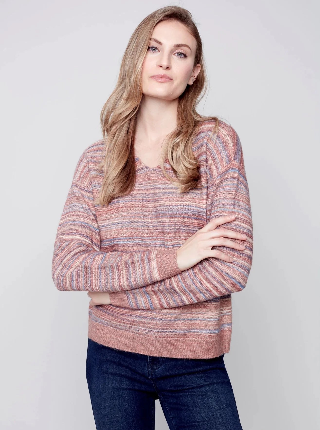 V Neck Drop Shoulder Pullover [Cinnamon-C2479] Deep Neck Pullover