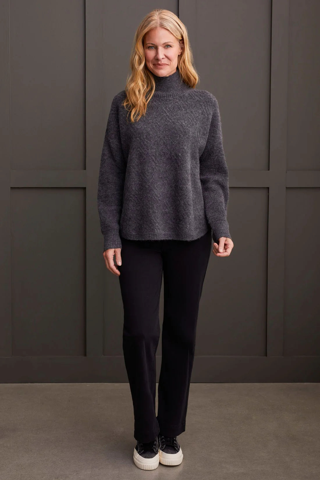 Long Sleeve Mock Neck Sweater [Charcoal-1528O] Striped Floral Plaid