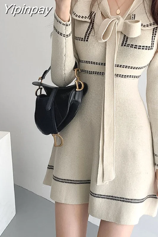 Yipinpay Knitted Mini Dress Long Sleeve a Line Sweater Vestido Corto Elegant Vintage Winter Black Office Korean Runway Fall 2023 Robe Fitted Slim Tailored