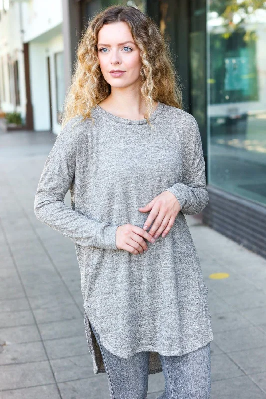 Casual Living Grey Two-Tone Tunic Side Slit Pullover Cold Shoulder Design