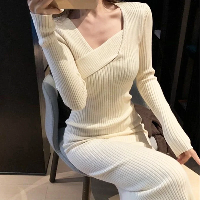 Vintage Knitted Dresses for Women Long Sleeve Sweater Elegant Party Female Office Lady Slim One-Piece Dress Korean Autumn Open Front Closed Front Wrap Front Vintage Knitted Dresses for Women Long Sleeve Sweater Elegant Party Female Office Lady Slim One-Piece Dress Korean Autumn Open Front Closed Front Wrap Front