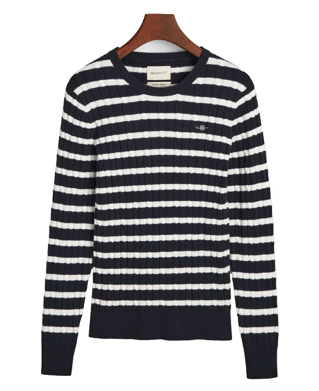 Striped Stretch Cotton Cable Knit Crew Neck Sweater - Evening Blue Long Sweater Short Sweater Cropped Sweater Striped Stretch Cotton Cable Knit Crew Neck Sweater - Evening Blue Long Sweater Short Sweater Cropped Sweater