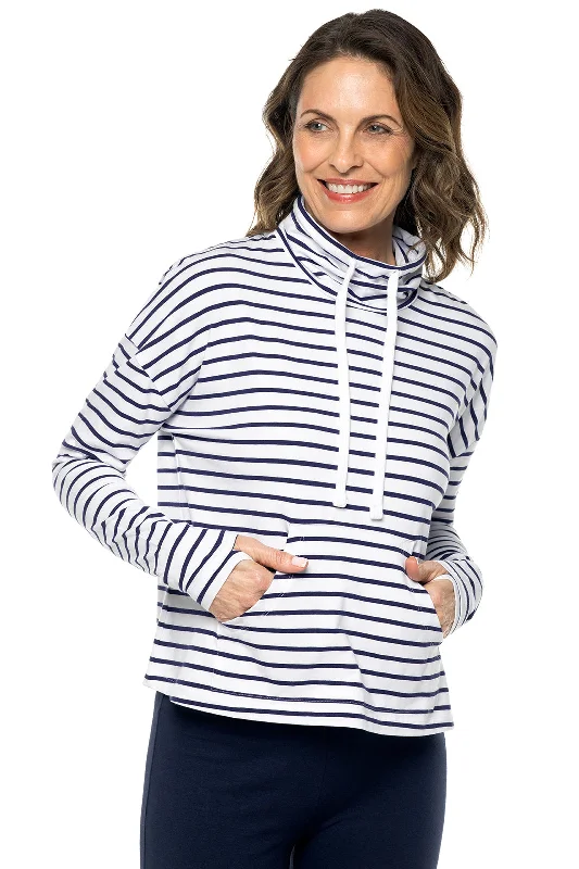 Women's Solana Mock Neck Pullover | White/Navy Stripe Box Sleeve Comfort