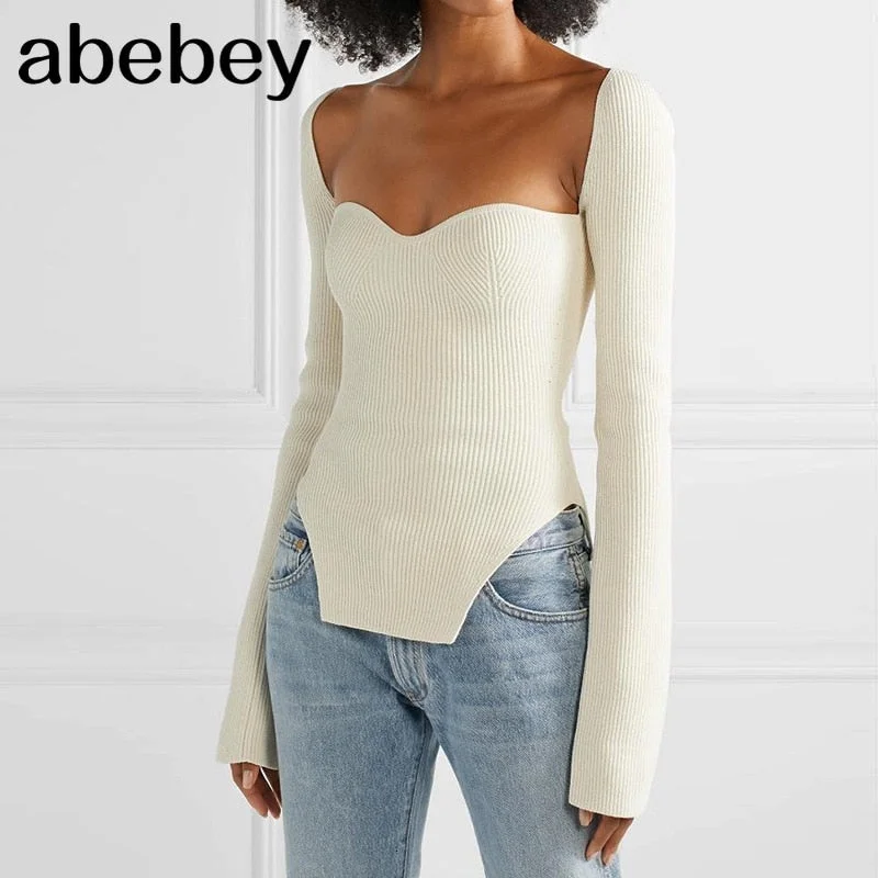 Women cashmere sqaure collar full sleeve elastic waist pullover Honey Neck Pullover