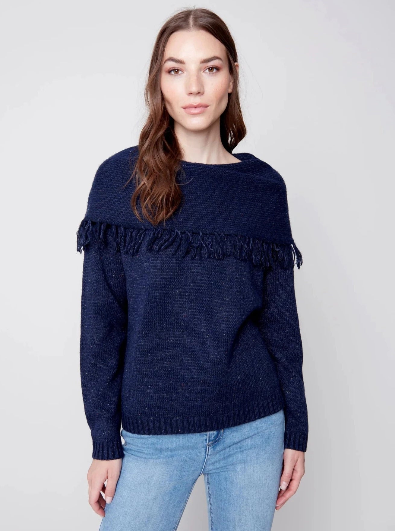 Fringe Cowl Neck Sweater [Denim-C2584] Slim Fit Regular Fit Oversized