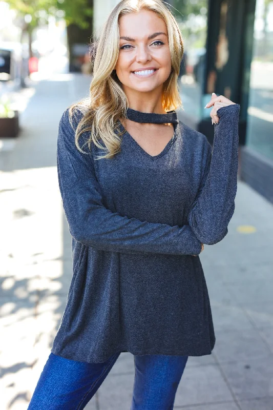 Casual Chic Solid Grey Choker Long Sleeve Hacci Pullover Cashmere Luxurious Pullover