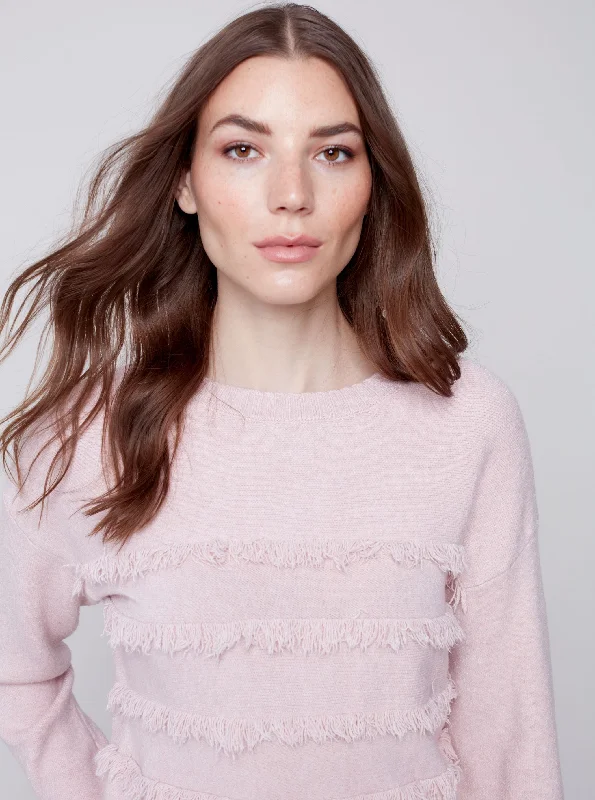 Crew Neck With Fringe Sweater [H Powder-C2583] Welt Pockets Slit Pockets Flap Pockets