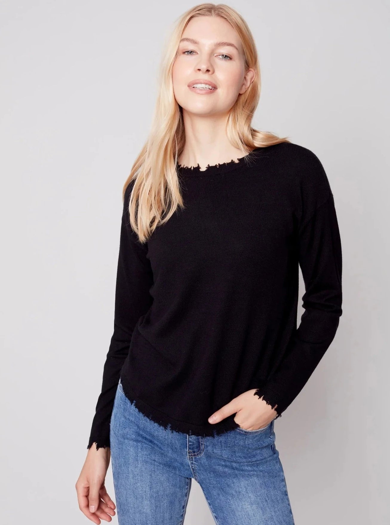 Crewneck Frayed Edge Sweater [Black-C2535] Faux Fur Fabric Real Fur Fabric Shearling Fabric