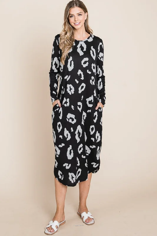 Size Medium Bold Vibes Leopard Print Midi Length Sweater Dress in Black & Gray Wool Fabric Cashmere Fabric Tweed Fabric