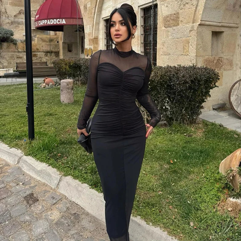 Bonnyshow Women New Autumn O-Neck Solid Long Sleeves Casual Slim Dress Streetwear Sexy Mesh Sheer Sheer Elegant Pullover Leng Dress Zipper Front Cardigan