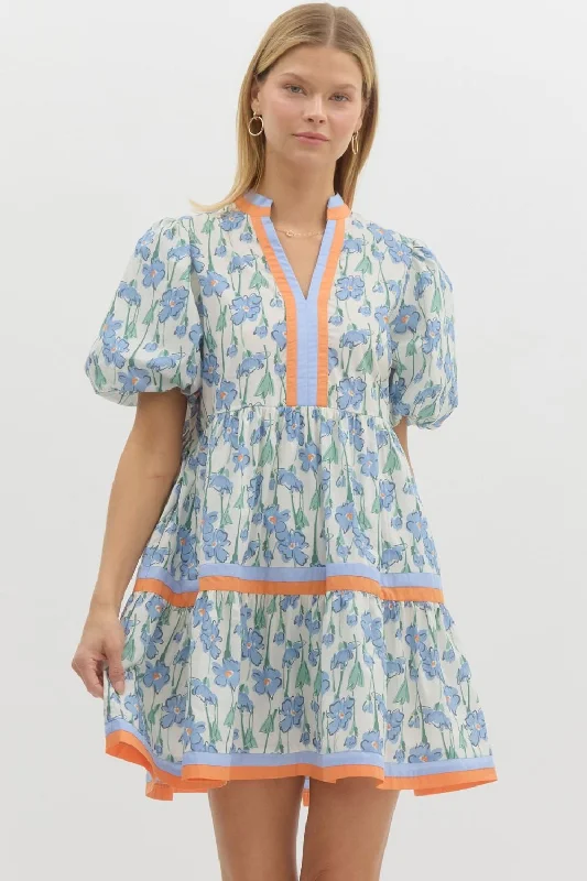 Floral Print Short Bubble Sleeve Pullover Tiered Mini Dress Cap Sleeve Casual