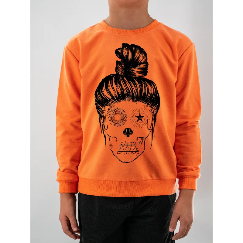 Salty Savage Unisex YOUTH “Messy Bun Skull" Long Sleeve Pullover Sweatshirt Chunky Knit Pullover Salty Savage Unisex YOUTH “Messy Bun Skull" Long Sleeve Pullover Sweatshirt Chunky Knit Pullover