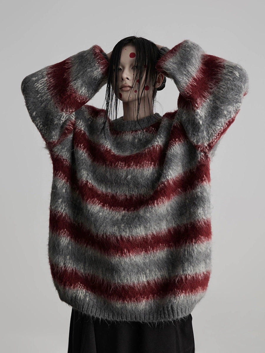 Striped Crew Neck Pullover Sweater Slim Sleeve Pullover