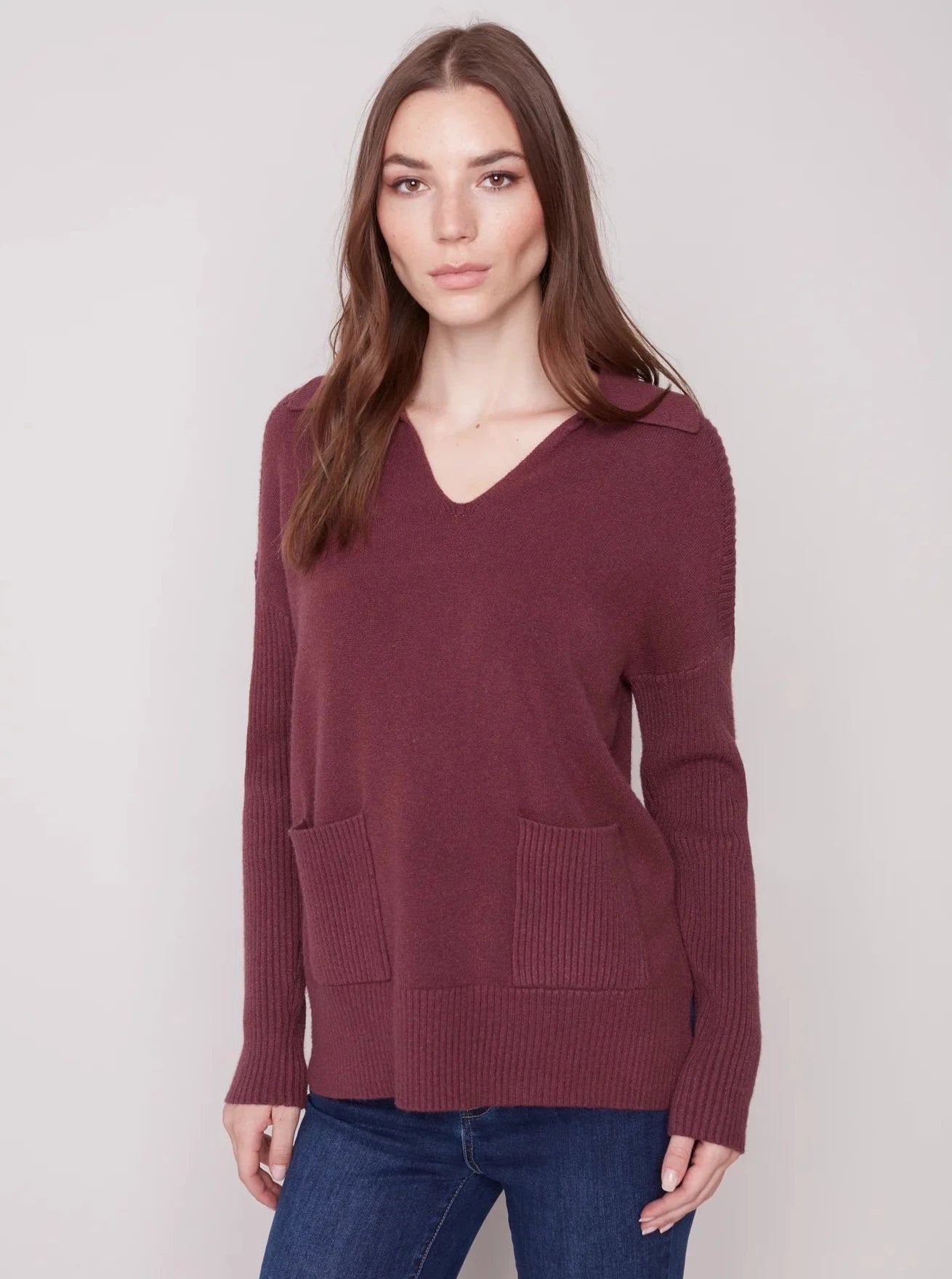 V Neck Long Sleeve Sweater [Port-C2547] Hooded Caped Shawl Collar