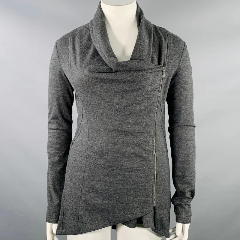 HELMUT LANG Size L Grey Charcoal Wool Zip Up Sweater Silk Blend Satin Velvet