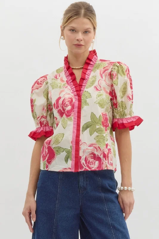 Floral Print Elasticated Short Puff Sleeve Pullover Top Flare Sleeve Stylish