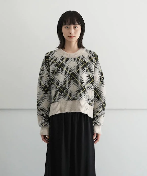 GANNI Check Wool Oversized Pullover "EGRET" Sabrina Neck Pullover