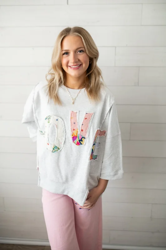 Easel Love Patch Terry Knit Pullover-Grey Over Sleeve Pullover