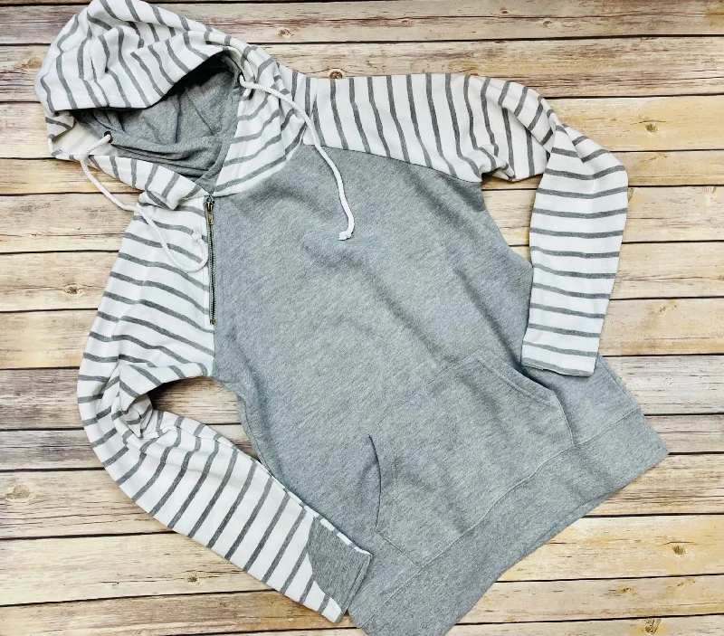 Ladies Stripe Sleeve Double Hood Pullover Ruffle Sleeve Feminine