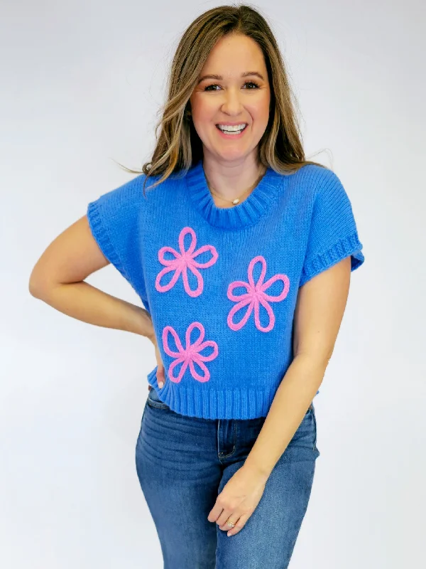 SHORT SLEEVE PULLOVER W/STITCHED FLOWERS - BLUE Zipper Front Cardigan