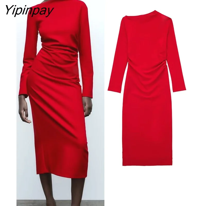 Yipinpay New Autumn Women Elegant Long Dresses 2023 Female Fashion Asymmetrical Collar Vestidos Long Sleeve Soft Pullovers Batwing Sleeve Top