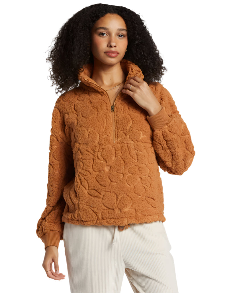 BILLABONG Women's Time Off Half Zip Pullover Sweater Sandalwood Cable Knit Chunky