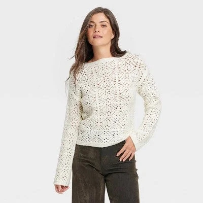 New - Women's Boat Neck Openwork Pullover Sweater - Universal Thread Scalloped Neck Pullover New - Women's Boat Neck Openwork Pullover Sweater - Universal Thread Scalloped Neck Pullover