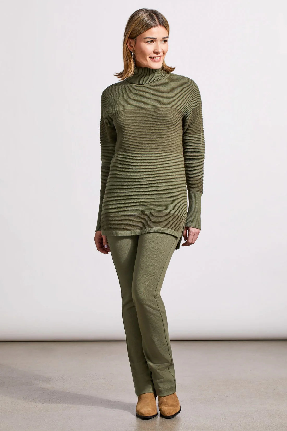 Turtleneck High Low Sweater W Side Slits [Clover-7865O] Nylon Fabric Polyester Fabric Spandex Fabric