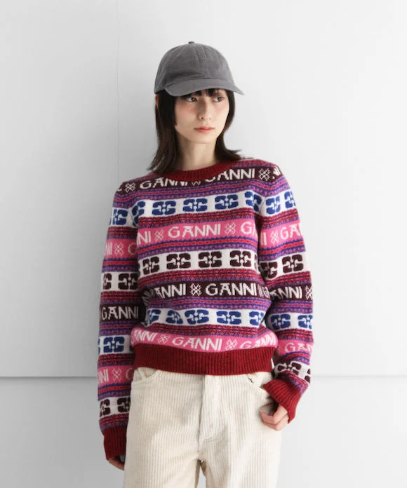 GANNI Logo Wool Mix O-neck Pullover "MULTICOLOR" Square Neck Pullover