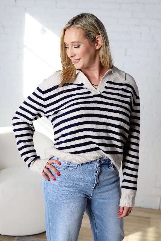Jesi Soft And Fuzzy Striped Polo Sweater - Ecru/Navy Ribbed Striped Patterned