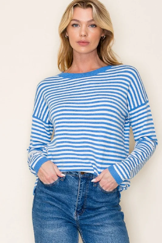 BLUE STRIPED LONG SLEEVE CREW NECK PULLOVER SWEATER Turtleneck Warm Pullover