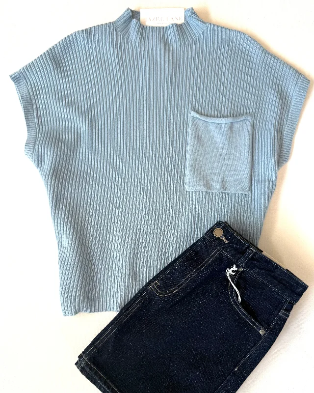 Milo Pocket Ribbed Knit Sweater- Blue Cashmere Blend Cotton Blend Poly Blend