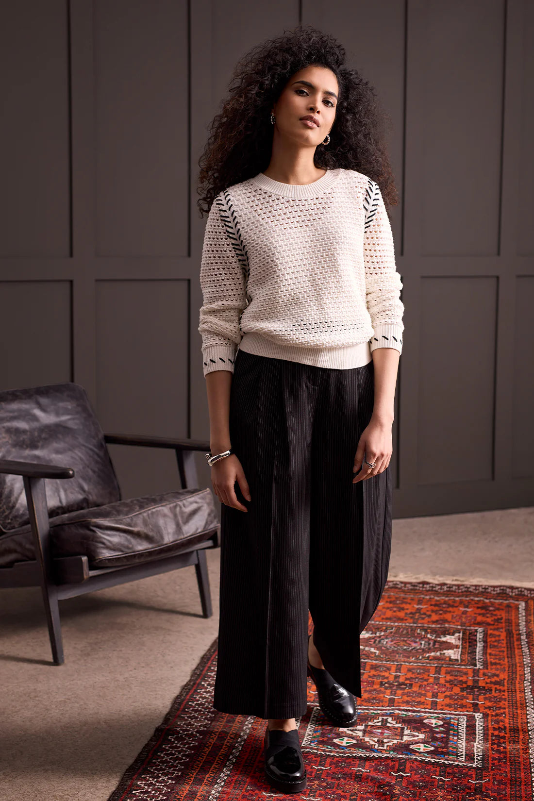 Long Sleeve Crew Neck Open Sweater [Cream-1846O] Neon Metallic Matte