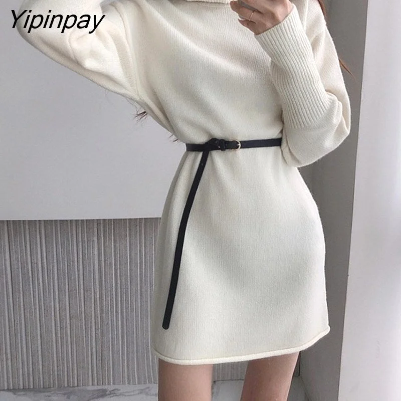 Yipinpay Oversized Sweater Dress Female Full Sleeve Casual Pullover Turtleneck Pullover Knitted Mini Dress Women Autumn Winter Bishop Sleeve Elegant